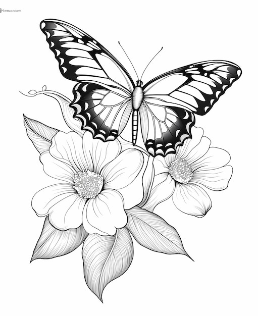 coloring bookblack and white image zebra lonwing Butterfly on a flower