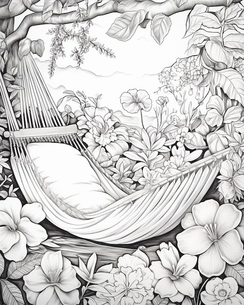 Photo coloring drawing page hammock floral