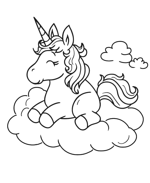 Photo coloring fun for kids detailed unicorn sitting on a fluffy cloud with small clouds charming cartoon