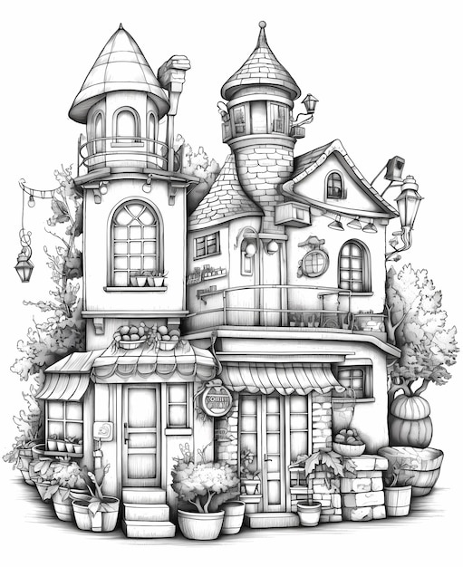 Coloring page for adults decorated christmas village