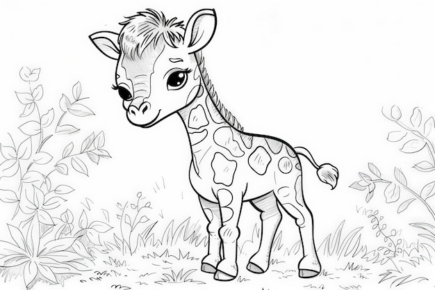 Coloring Page A baby giraffe stands tall in lush green grass looking around curiously with its long neck and legs