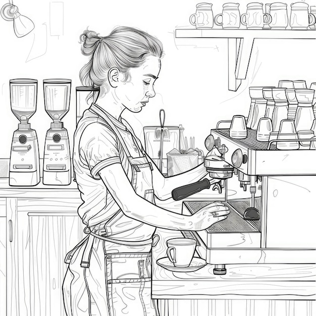 Photo coloring page a barista making coffee at a cafe counter