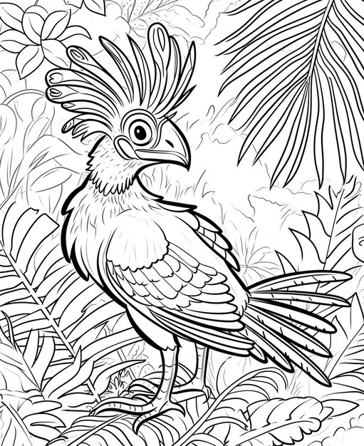 Photo coloring page of a bird standing amidst lush tropical foliage in a vibrant rainforest setting