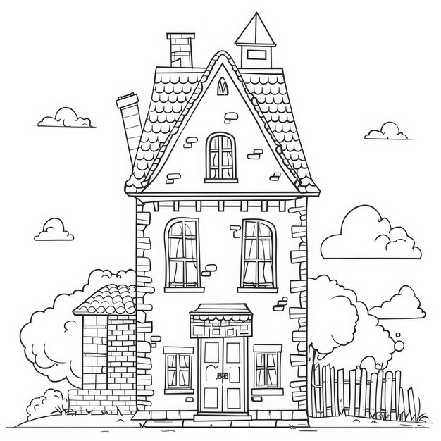 Photo coloring page a black and white illustration of a brick house with a fence