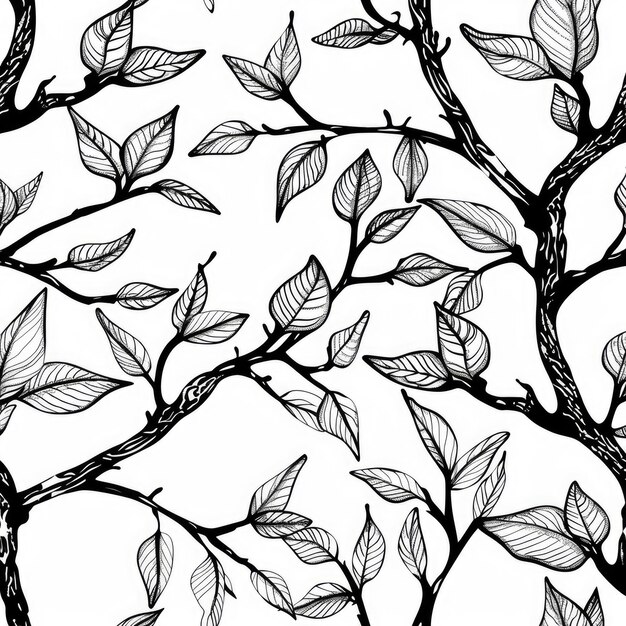 Photo coloring page black and white illustration of detailed tree branches and leaves