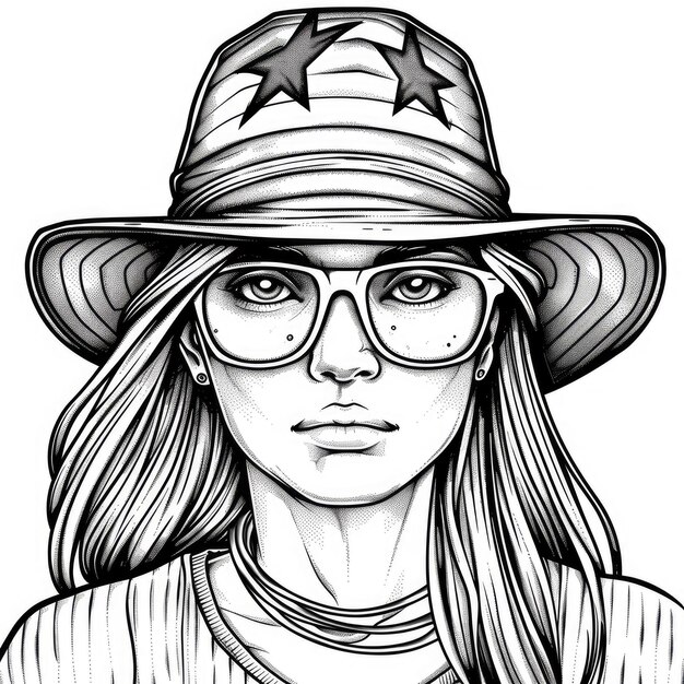 Photo coloring page a black and white illustration of a woman in a hat