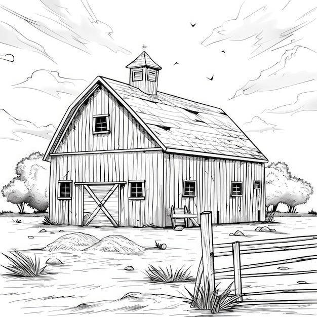 Photo coloring page black and white sketch of a rustic barn with a fence