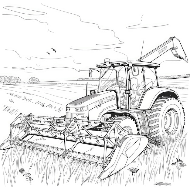 Photo coloring page black and white sketch of a tractor harvesting a field