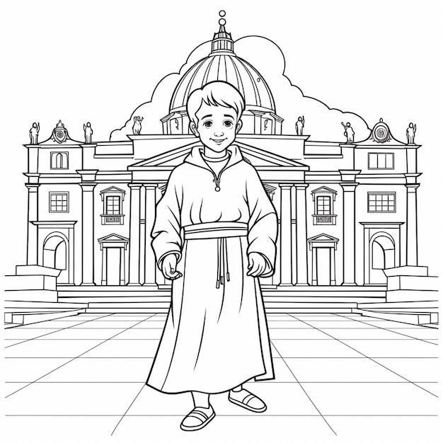 a coloring page of a boy in front of a building generative ai