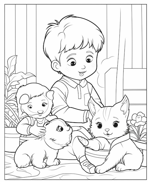 A coloring page of a boy playing with his animals generative ai