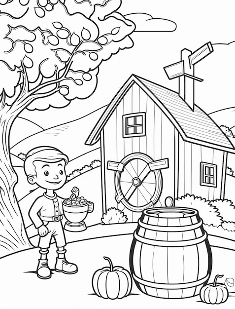 a coloring page of a boy with a barrel and a pumpkin generative ai