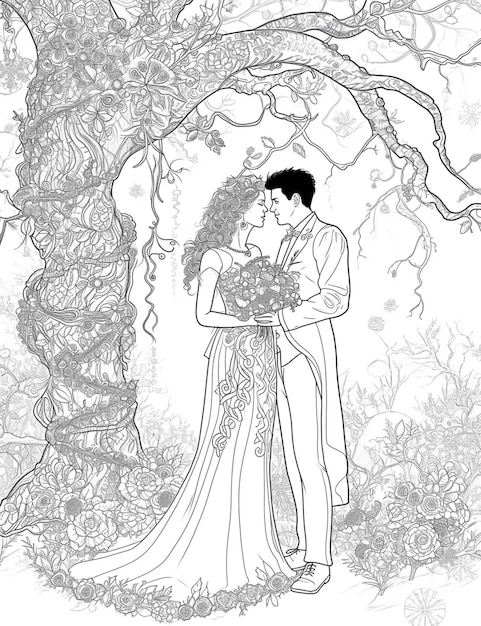 a coloring page of a bride and groom under a tree generative ai