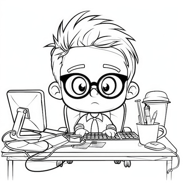 Photo coloring page cartoon boy wearing glasses working at computer desk