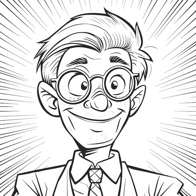 Photo coloring page cartoon man with glasses smiling and wearing a suit