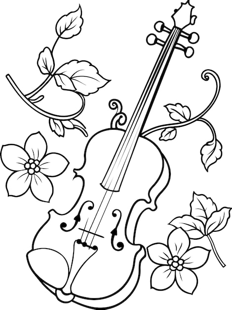 coloring page for children violin and flowers