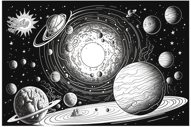 Photo coloring page cosmic planets think lines no shadow greyscale