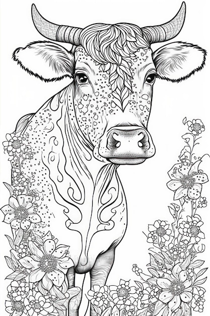 Coloring page cow with flowers tribal style mandala style think lines