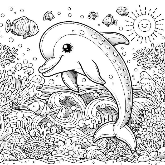 Coloring page of a cute playful dolphin generative ai