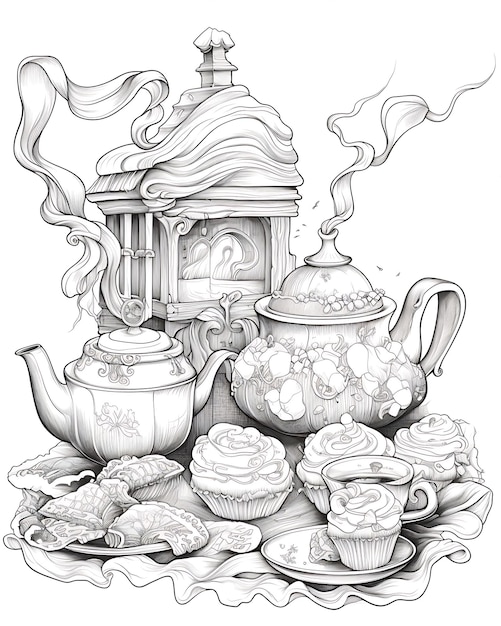 Coloring Page of Delicious Pastries with a Teapot