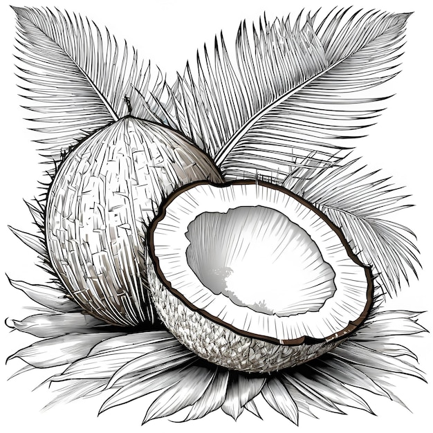 a coloring page depicting a coconut with its hard shell and tuft of fibers