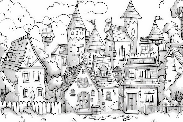 Coloring Page A detailed black and white drawing capturing the grandeur of a medieval castle standing tall with intricate architecture