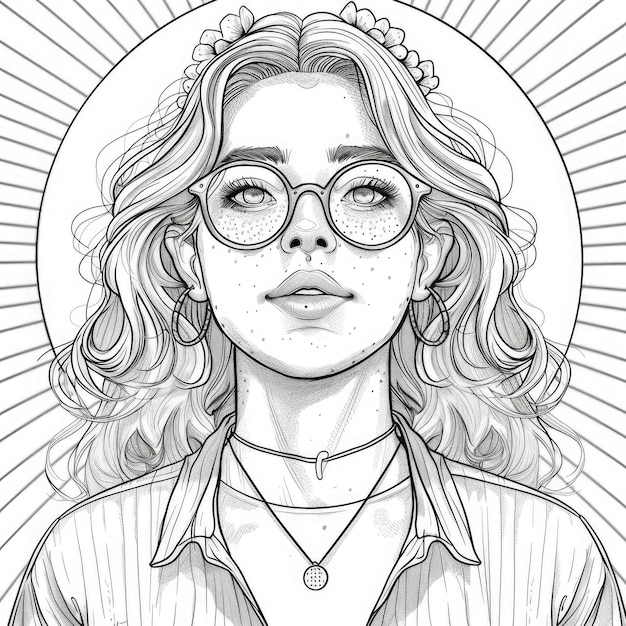 Photo coloring page a detailed black and white line art drawing of a woman with long hair glasses