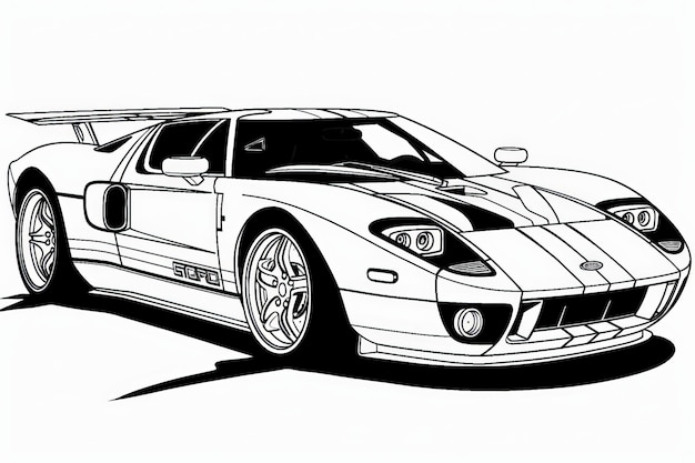 Coloring page Detailed drawing of a sleek sports car in black and white capturing the dynamic lines and intricate details of the vehicle design