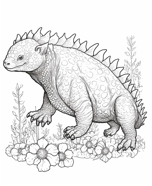 A coloring page of a dinosaur with a flower background generative ai