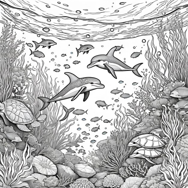 a coloring page featuring a vibrant underwater scene with colorful fish and majestic sea turtles