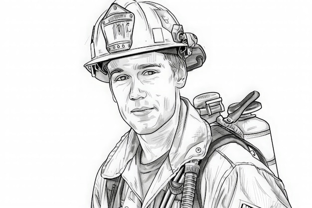 Coloring page A finely sketched firefighter dons a helmet and gear poised with determination