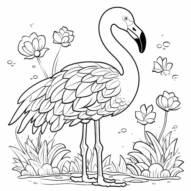 A coloring page of a flamingo standing in the grass generative ai