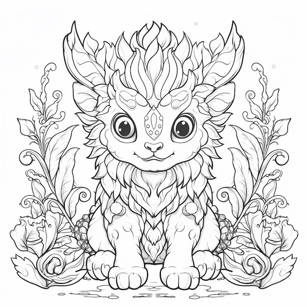 a coloring page of a furry animal with a flower and leaves generative ai