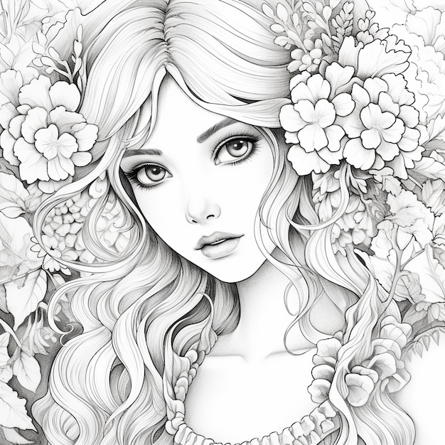 Coloring Page Girl Curly Hair with floral Illustrations for child and adult