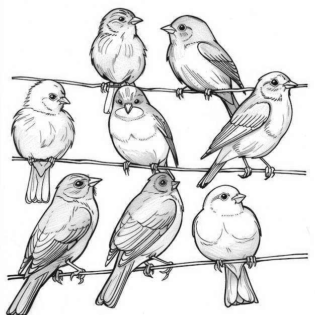 Photo coloring page a hand drawn illustration of seven birds perched on a wire