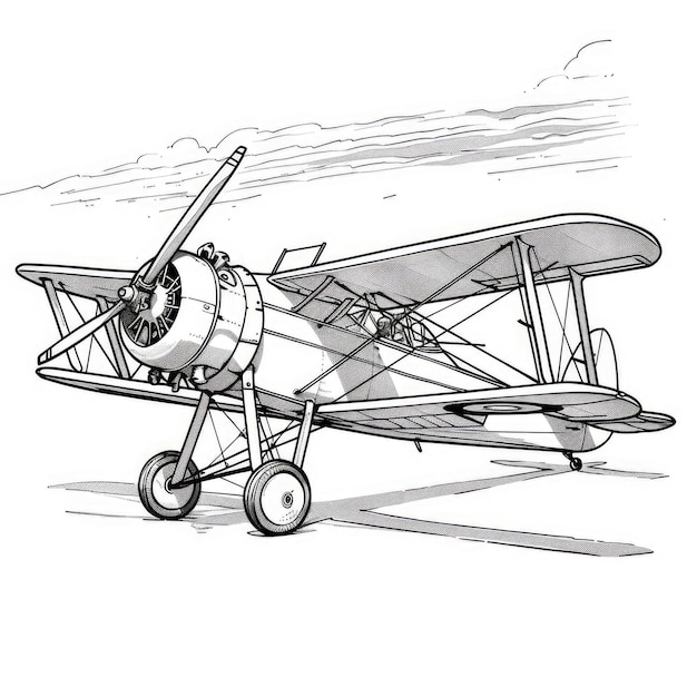 Photo coloring page a hand drawn illustration of a vintage biplane on the ground