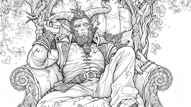 Photo coloring page of a handsome goblin relaxing on his throne