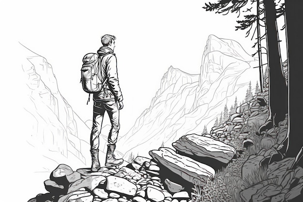 Photo coloring page hiking in mountain think lines no shadow greyscale