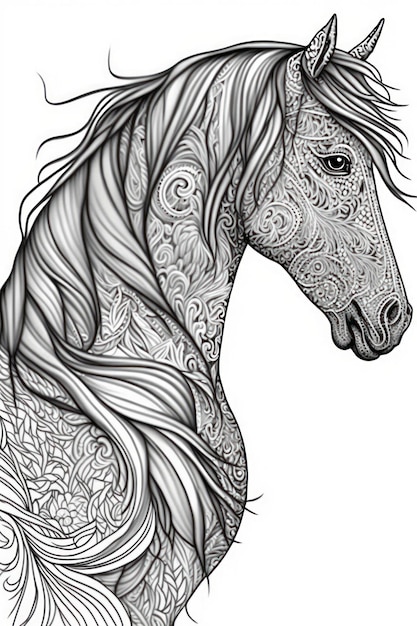 Coloring page horse think lines tribal style no shadow