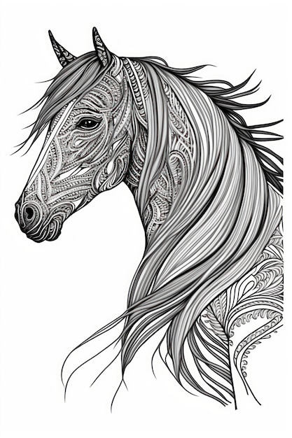 Coloring page horse think lines tribal style no shadow