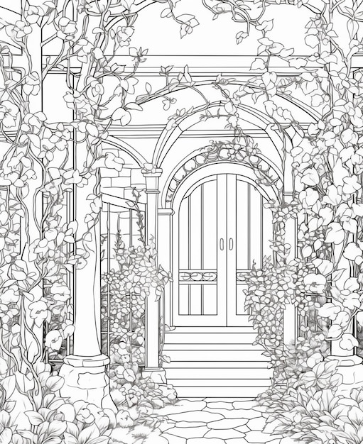 Coloring page of a house with a gate and ivy.