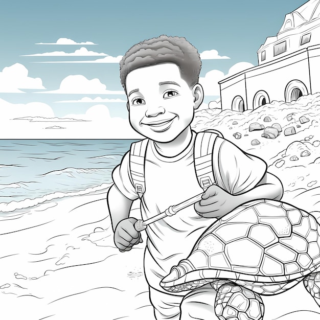 coloring page for kids african american boy huge sea turtle