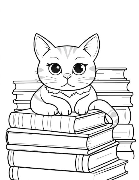 coloring page for kids cat and books