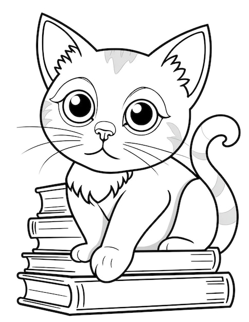 coloring page for kids cat and books