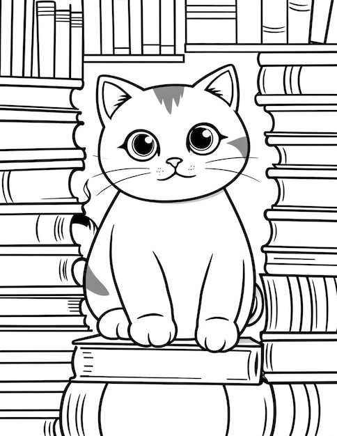 Photo coloring page for kids cat and books