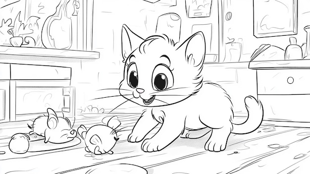 Photo coloring page for kids a cat playing with mice in the house in a cartoon style with thick lines an