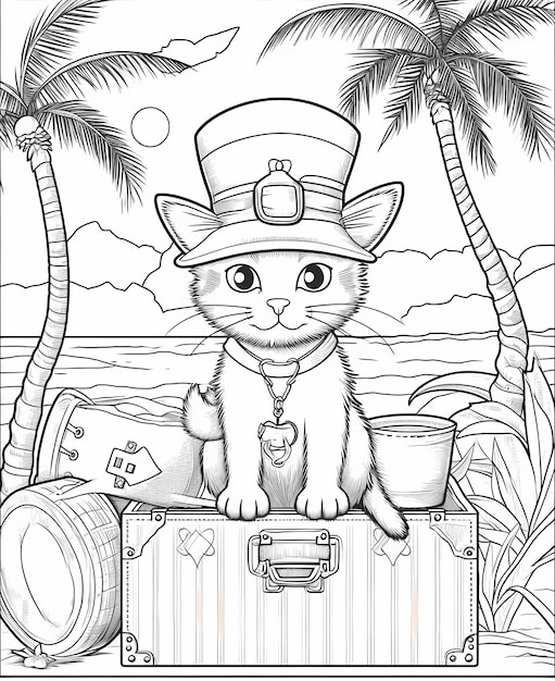 Coloring page for kids a cat standing on a treasure chest