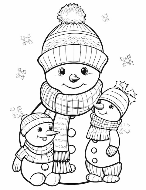 Coloring page for kids on a Christmas Snowman