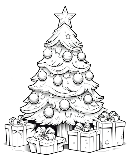 Coloring page for kids christmas tree full of gifts