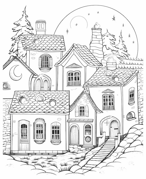 Coloring page for kids decorated christmas village 1