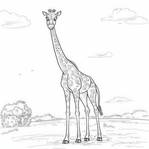 Photo coloring page for kids giraffe cartoon style thick linelow detail no shading